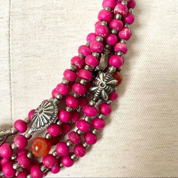 Silver tone pink beaded with carnelian 6 strand statement necklace - Picture 5 of 15
